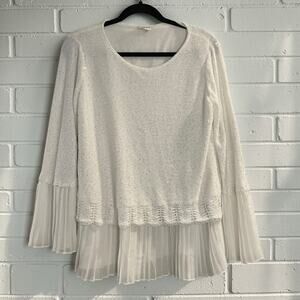 Sioni Ivory Sequin Knit Blouse Large Pleated Chiffon Romantic Boho Top